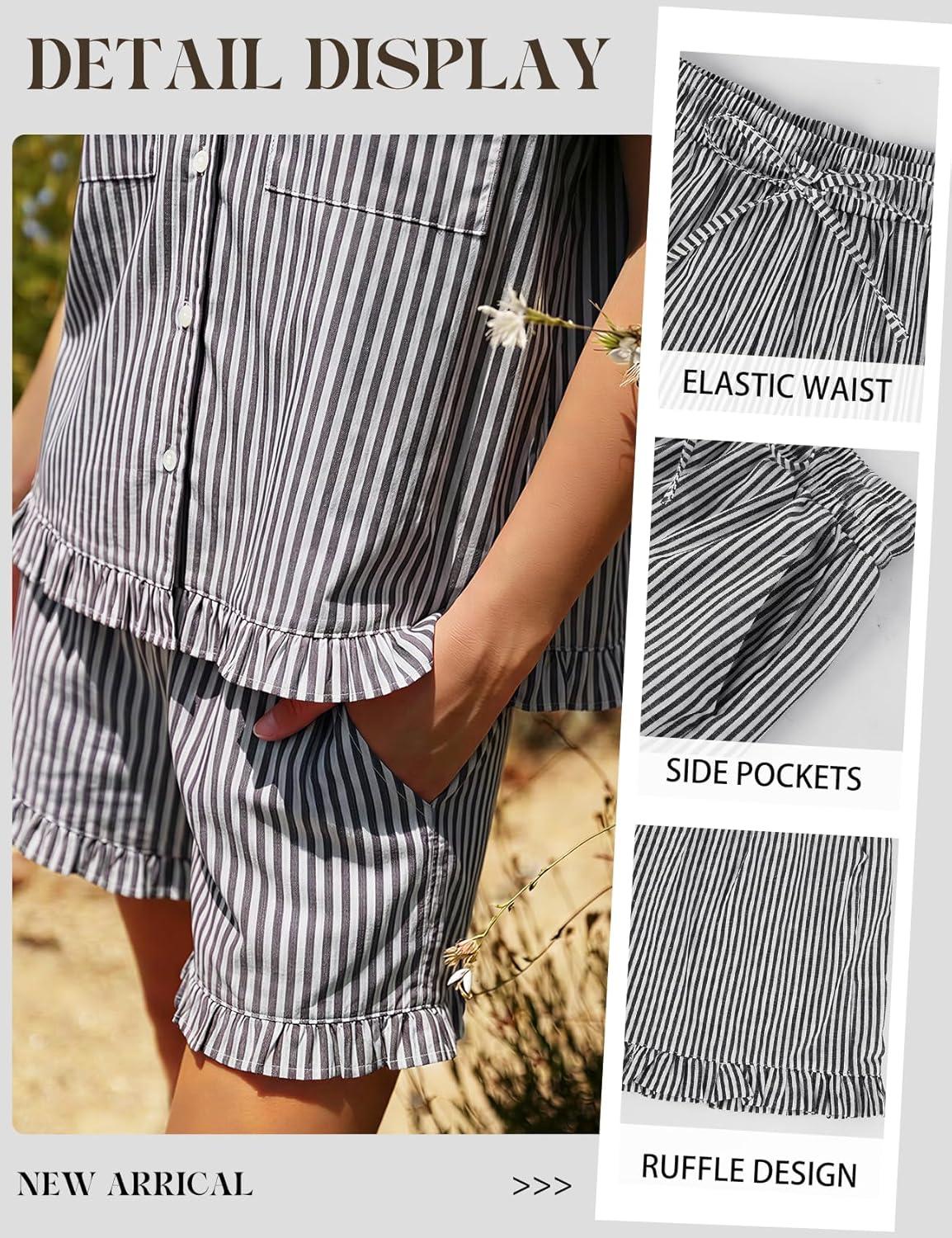 image:imageArssm Womens Striped Pajama Sets 2 Piece Cotton Pjs Sets Short Sleeve Button Down Shirts and Shorts SleepwearGrey