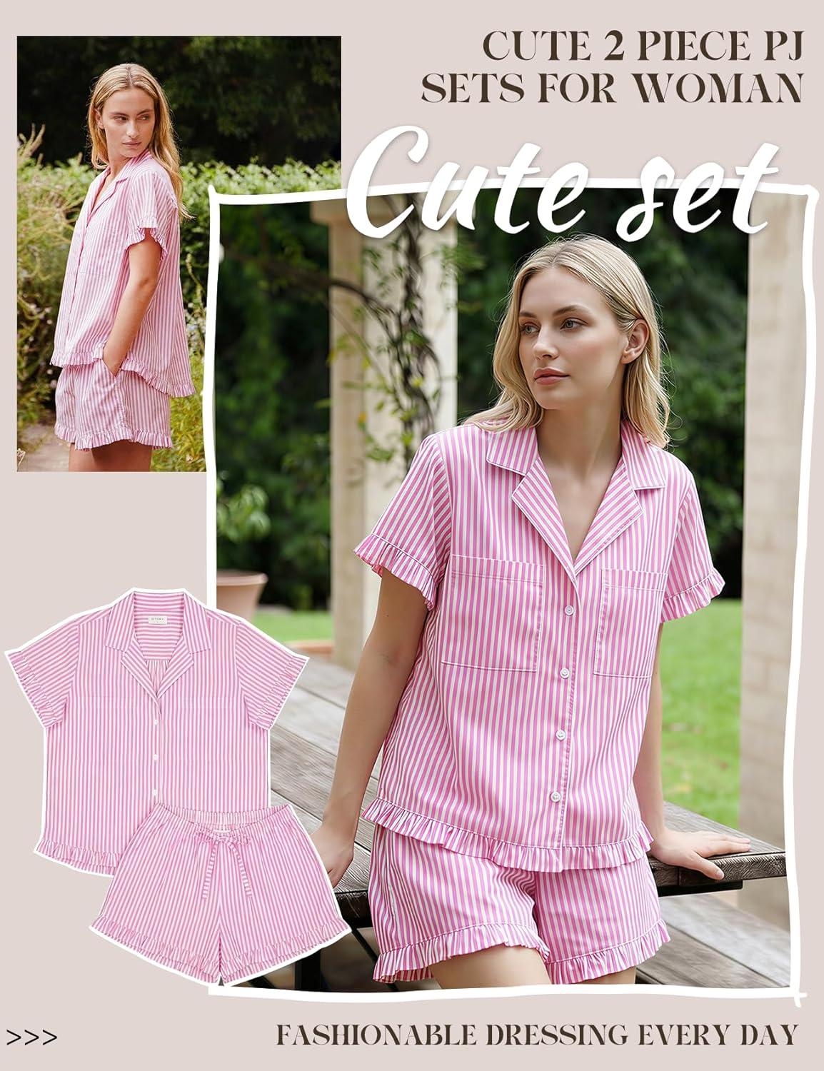 image:imageArssm Womens Striped Pajama Sets 2 Piece Cotton Pjs Sets Short Sleeve Button Down Shirts and Shorts SleepwearPink