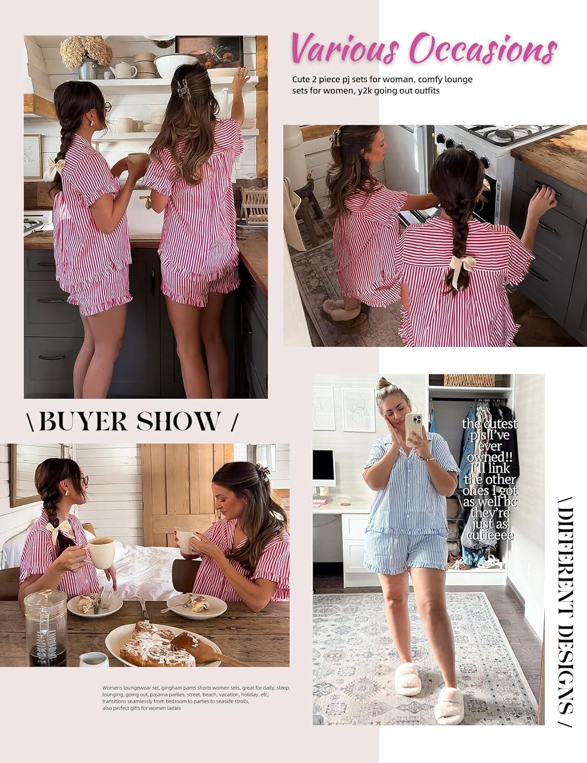 image:imageArssm Womens Striped Pajama Sets 2 Piece Cotton Pjs Sets Short Sleeve Button Down Shirts and Shorts SleepwearPink