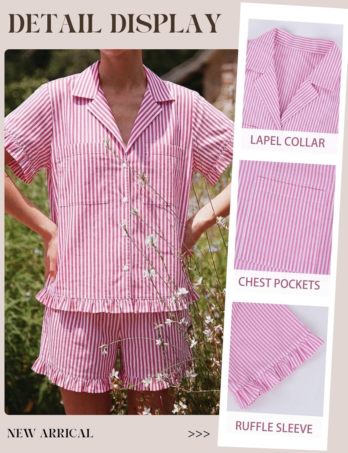image:imageArssm Womens Striped Pajama Sets 2 Piece Cotton Pjs Sets Short Sleeve Button Down Shirts and Shorts SleepwearPink