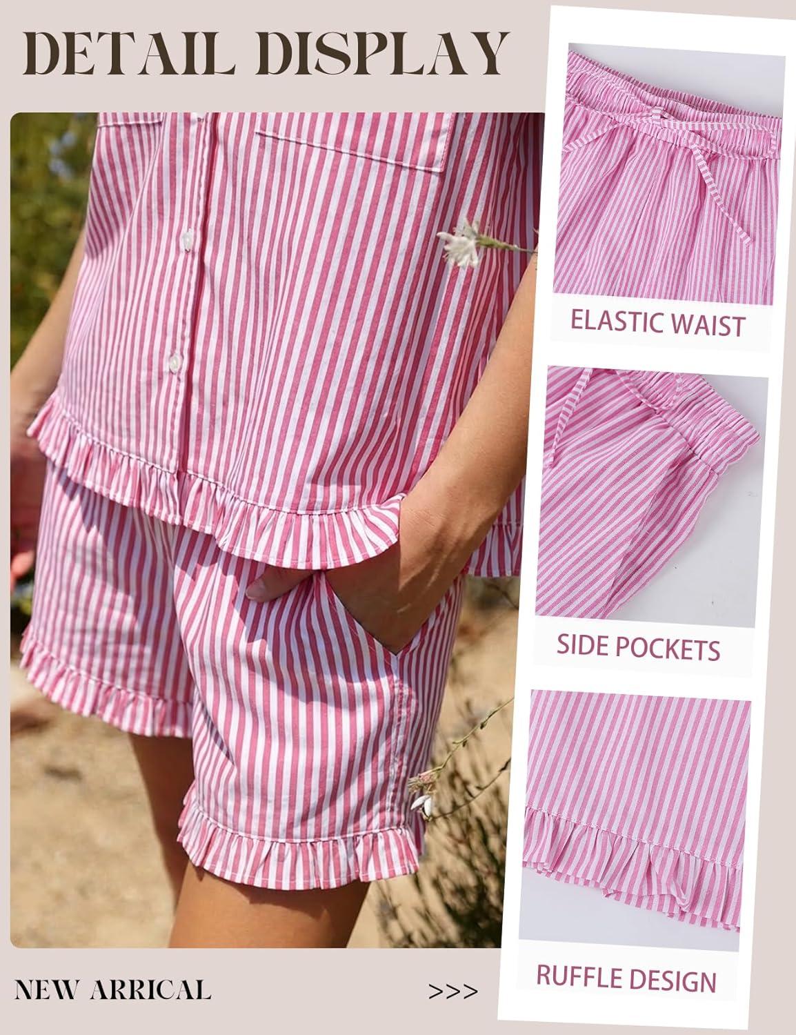 image:imageArssm Womens Striped Pajama Sets 2 Piece Cotton Pjs Sets Short Sleeve Button Down Shirts and Shorts SleepwearPink