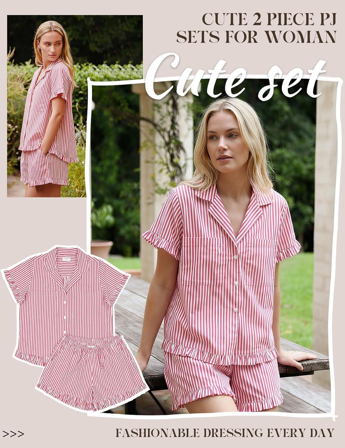 image:imageArssm Womens Striped Pajama Sets 2 Piece Cotton Pjs Sets Short Sleeve Button Down Shirts and Shorts SleepwearRed