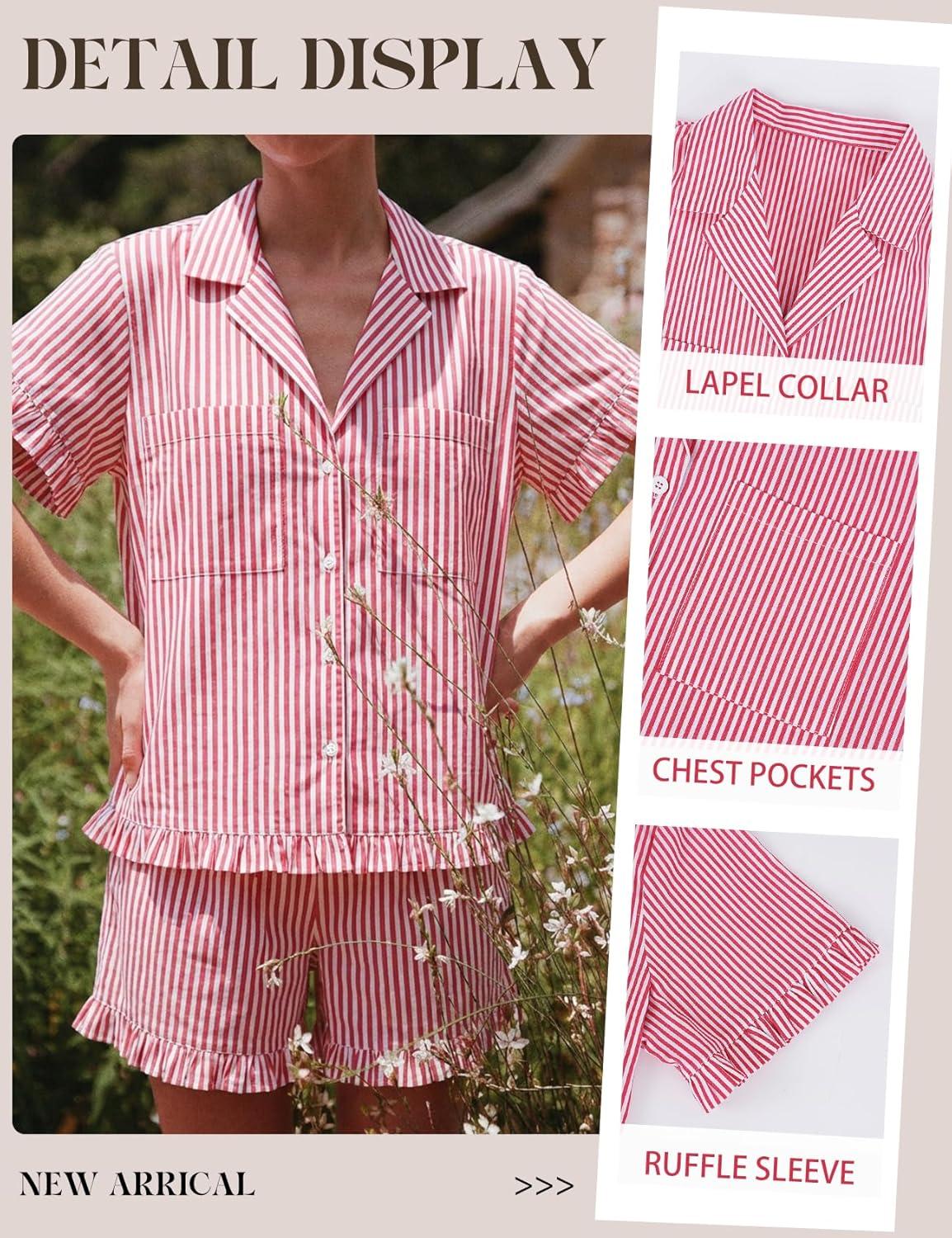 image:imageArssm Womens Striped Pajama Sets 2 Piece Cotton Pjs Sets Short Sleeve Button Down Shirts and Shorts SleepwearRed