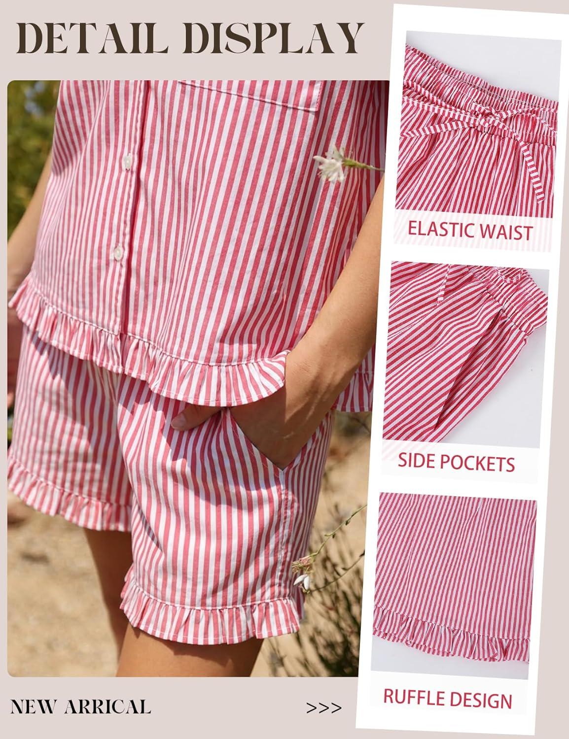 image:imageArssm Womens Striped Pajama Sets 2 Piece Cotton Pjs Sets Short Sleeve Button Down Shirts and Shorts SleepwearRed