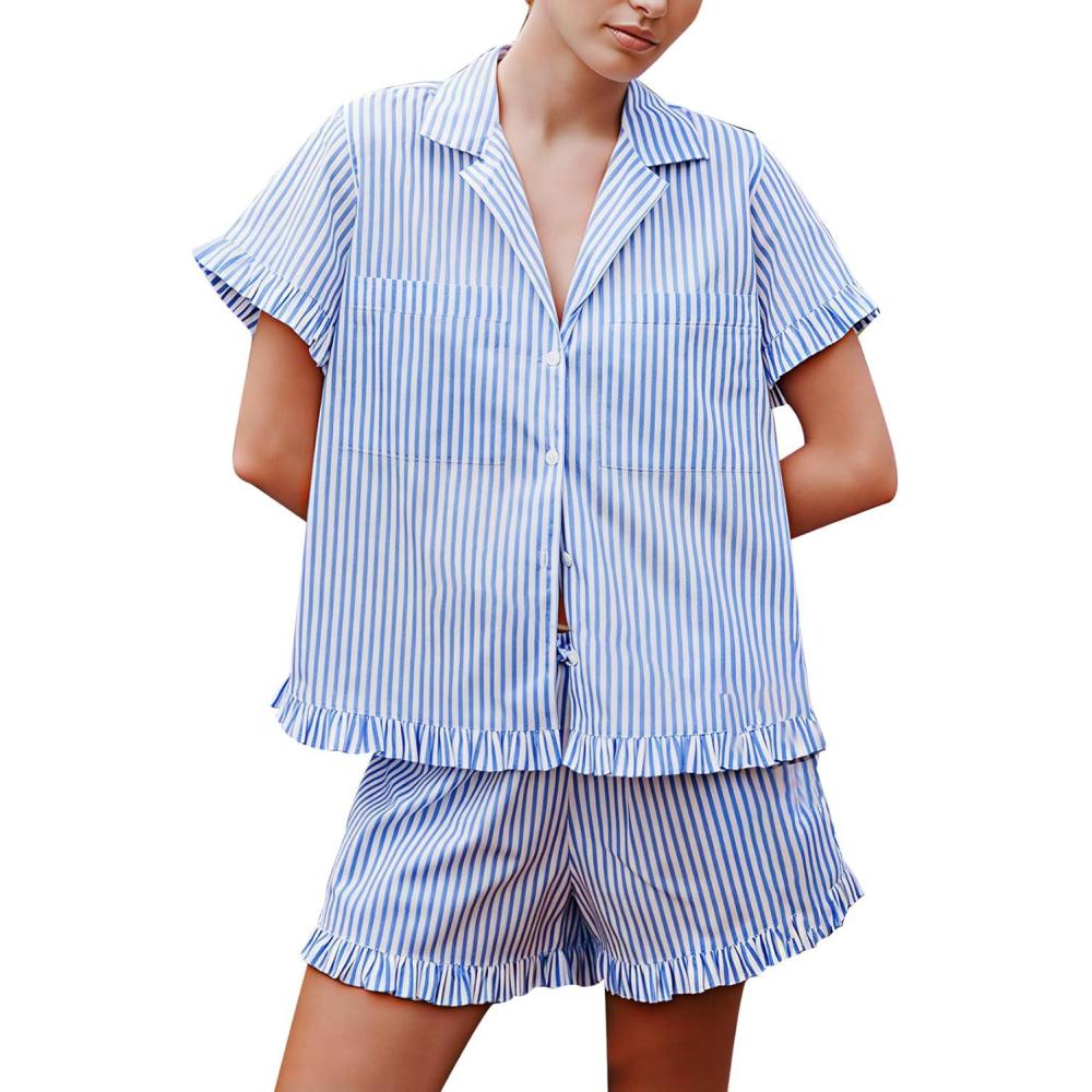 image:imageArssm Womens Striped Pajama Sets 2 Piece Cotton Pjs Sets Short Sleeve Button Down Shirts and Shorts SleepwearBlue