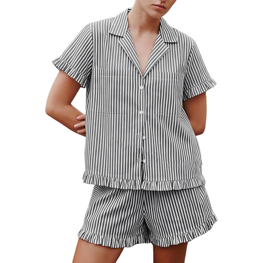 image:imageArssm Womens Striped Pajama Sets 2 Piece Cotton Pjs Sets Short Sleeve Button Down Shirts and Shorts SleepwearGrey