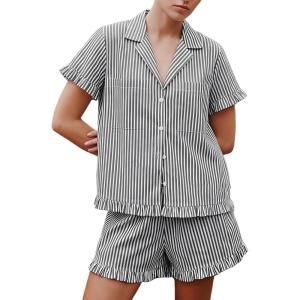 Arssm Womens Striped Pajama Sets 2 Piece Cotton Pjs Sets Short Sleeve Button Down Shirts and Shorts Sleepwear(Grey)