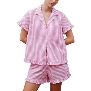 Arssm Womens Striped Pajama Sets 2 Piece Cotton Pjs Sets Short Sleeve Button Down Shirts and Shorts Sleepwear(Pink)