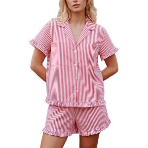 Arssm Womens Striped Pajama Sets 2 Piece Cotton Pjs Sets Short Sleeve Button Down Shirts and Shorts Sleepwear(Red)