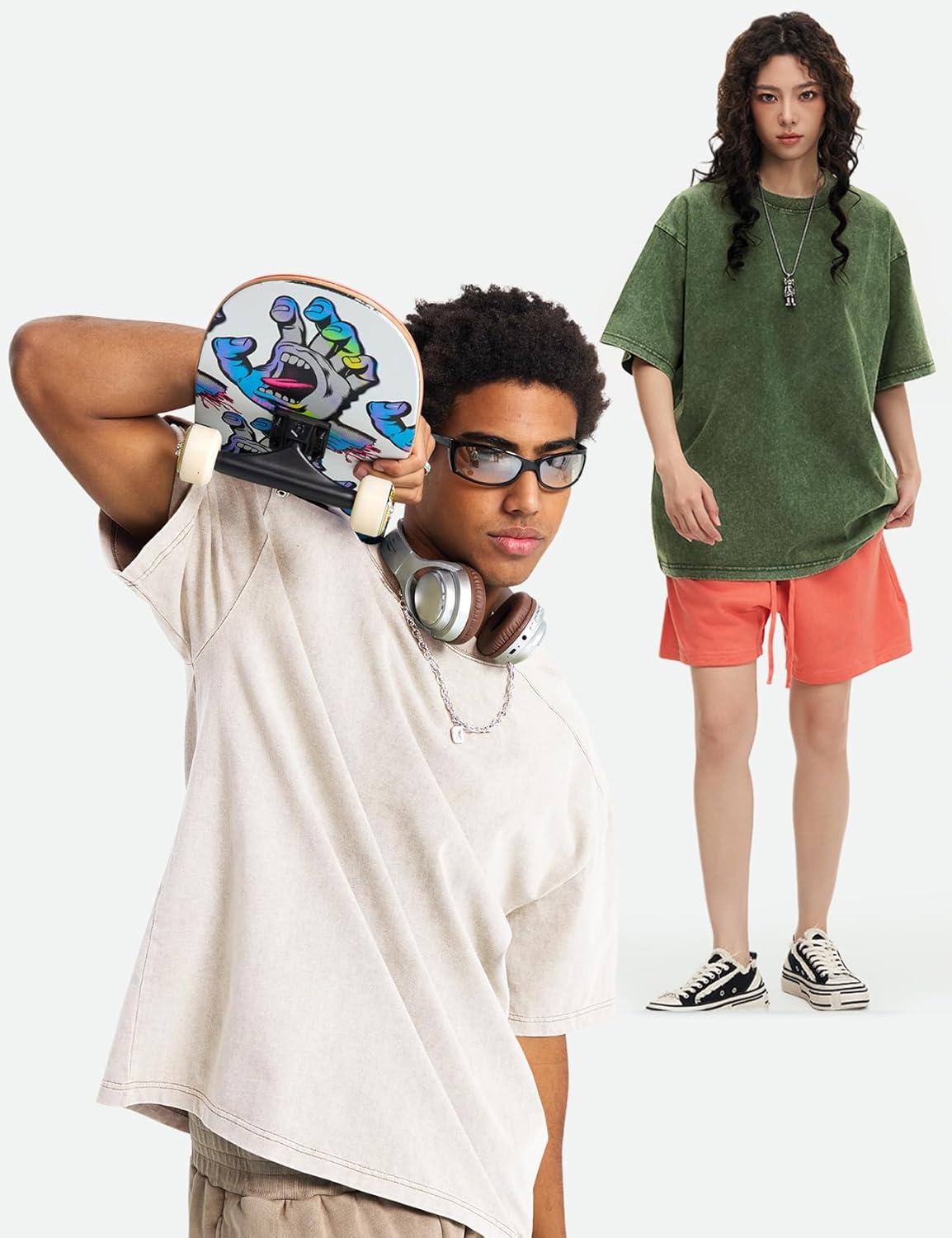 image:imageArssm Oversized Tshirts for Men Acid Wash Loose Fit Vintage Cotton Heavyweight T Shirts Baggy TeesBlackblackarmybeige