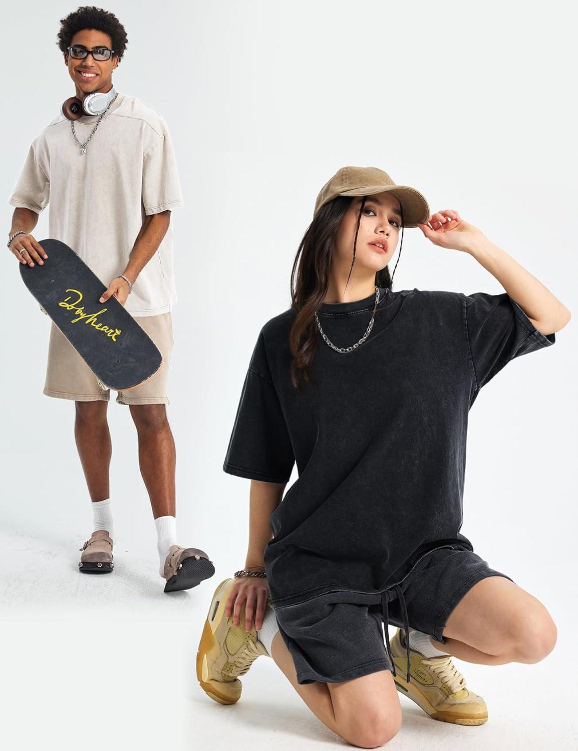image:imageArssm Oversized Tshirts for Men Acid Wash Loose Fit Vintage Cotton Heavyweight T Shirts Baggy TeesBlackblackgreybeige