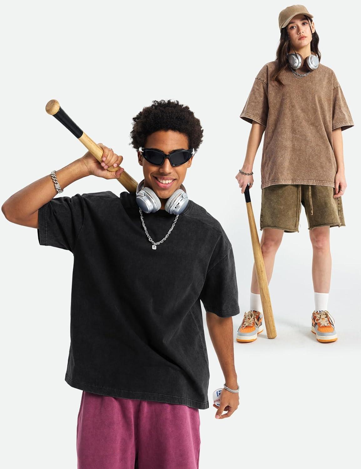 image:imageArssm Oversized Tshirts for Men Acid Wash Loose Fit Vintage Cotton Heavyweight T Shirts Baggy TeesBlackblackgreykhaki