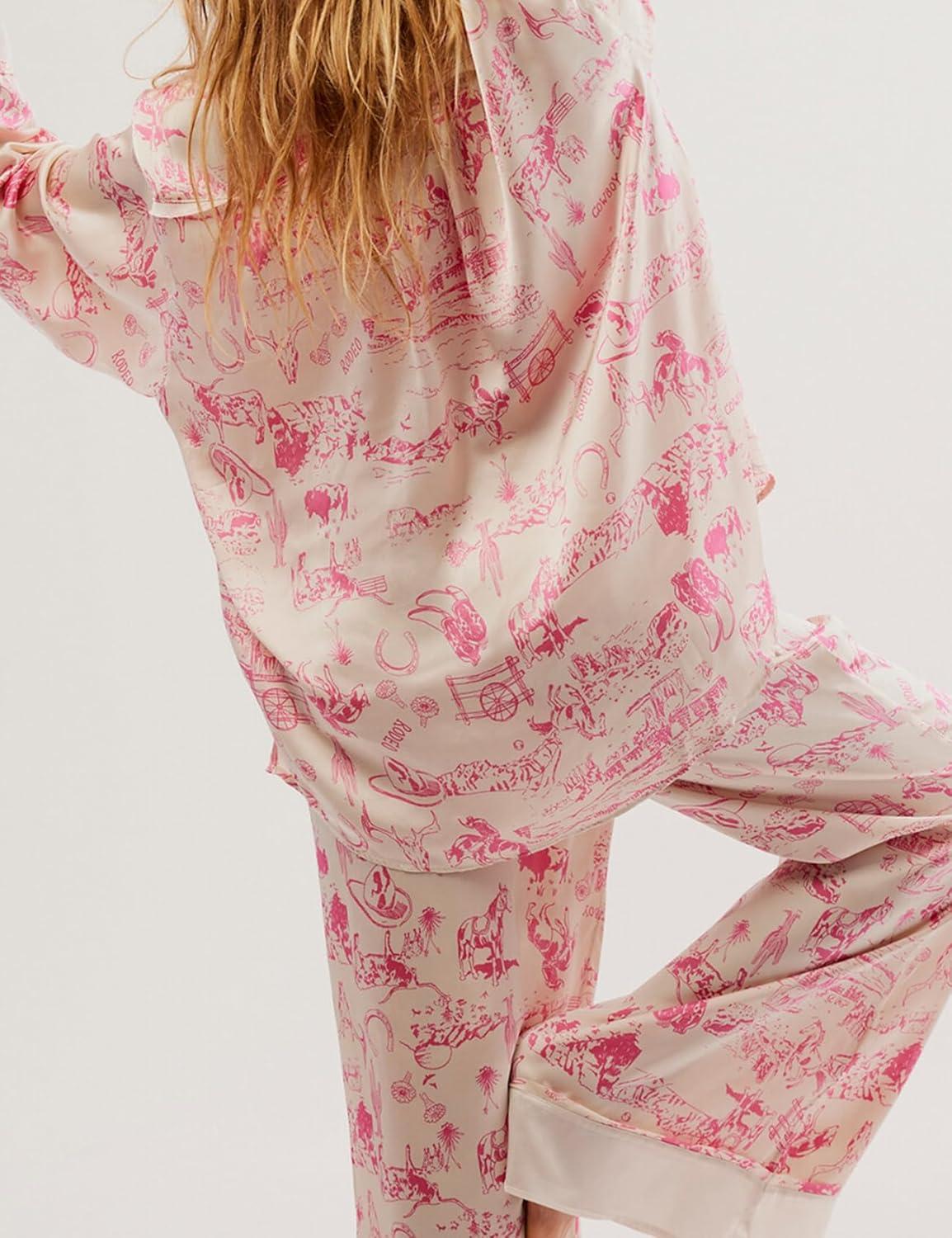 image:imageArssm Satin Pajama Set for Women Silk Pajamas Set 2 Piece Floral Pj Set Long Sleeve Button Down Pjs SleepwearApricot