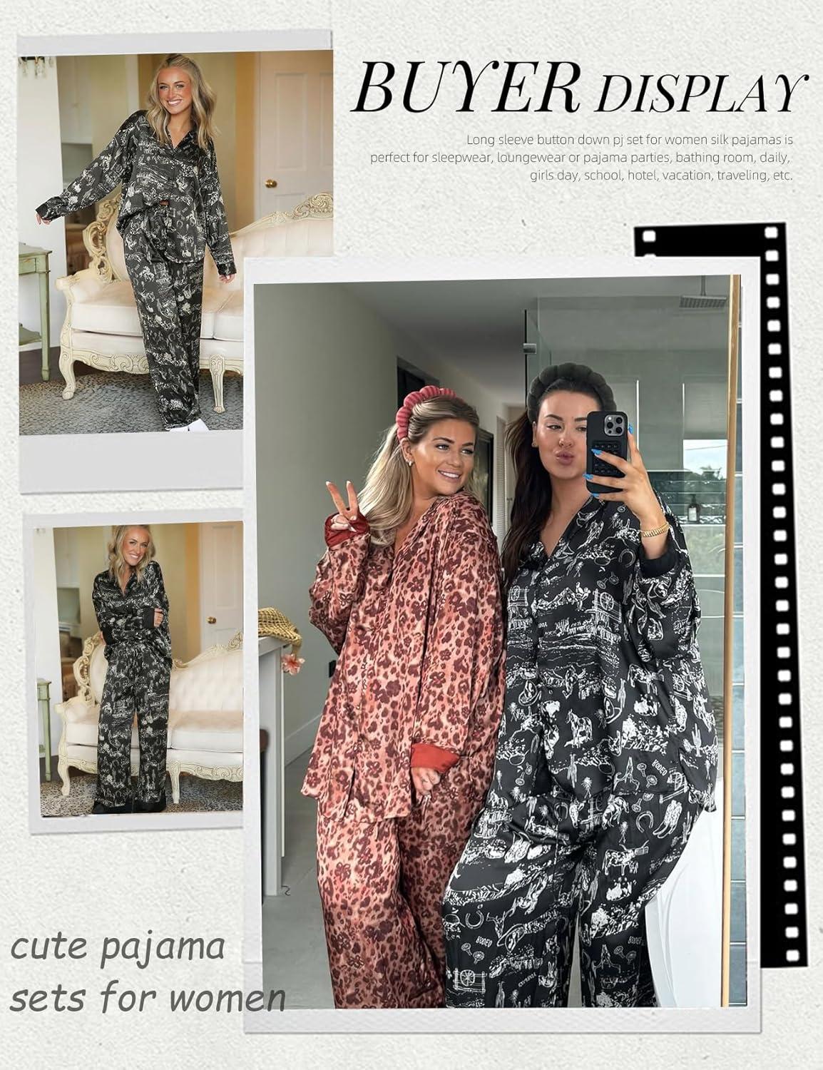 image:imageArssm Satin Pajama Set for Women Silk Pajamas Set 2 Piece Floral Pj Set Long Sleeve Button Down Pjs SleepwearBlack