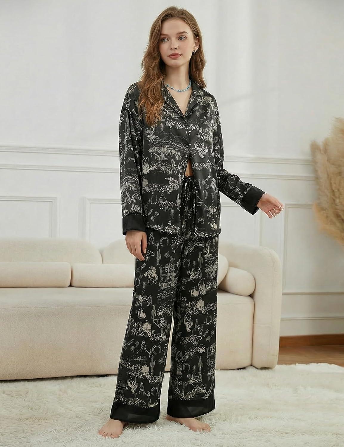 image:imageArssm Satin Pajama Set for Women Silk Pajamas Set 2 Piece Floral Pj Set Long Sleeve Button Down Pjs SleepwearBlack