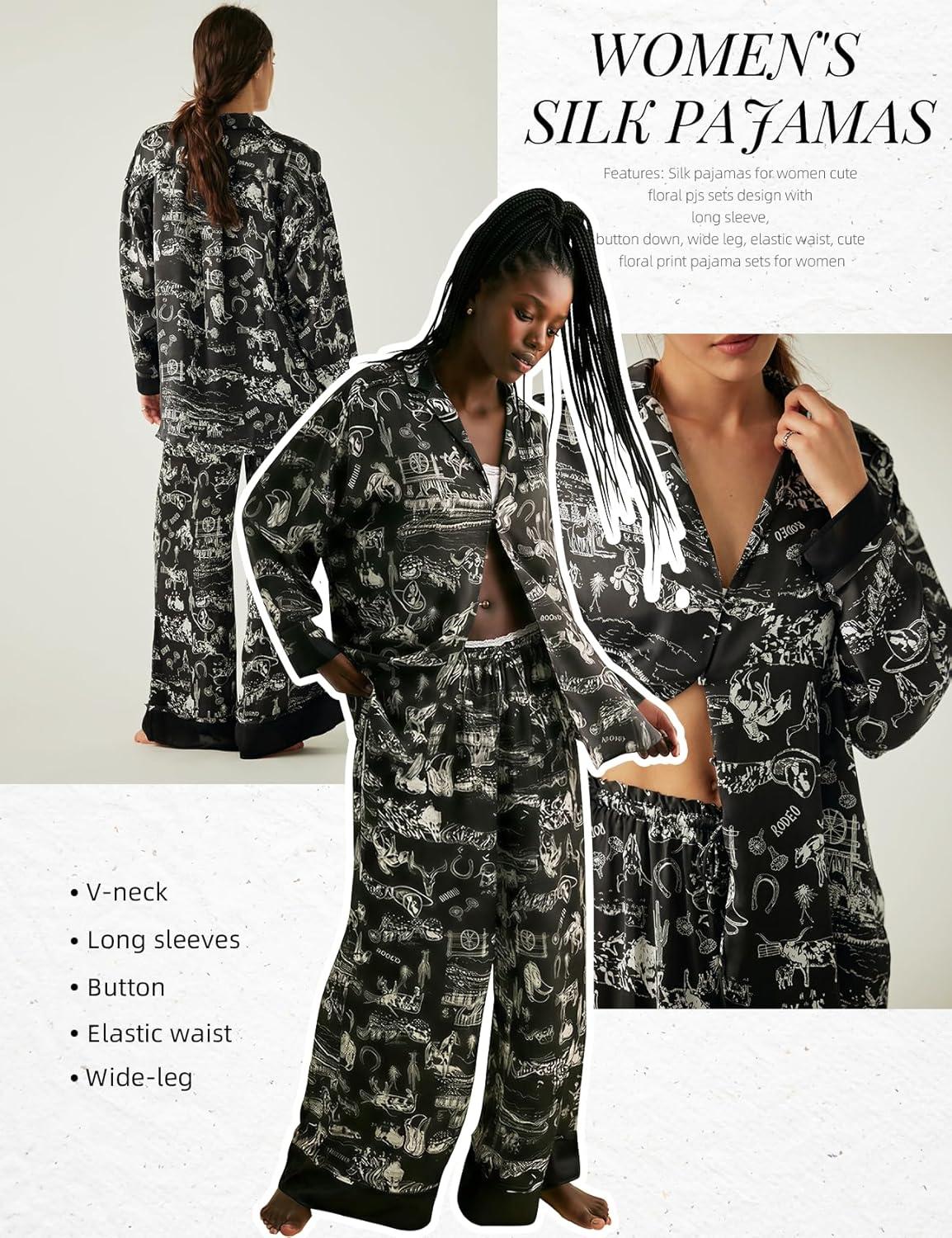 image:imageArssm Satin Pajama Set for Women Silk Pajamas Set 2 Piece Floral Pj Set Long Sleeve Button Down Pjs SleepwearBlack