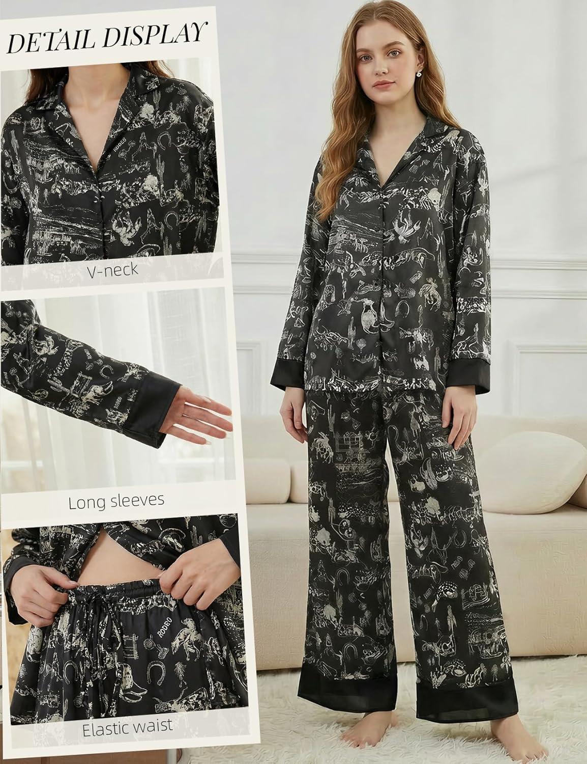 image:imageArssm Satin Pajama Set for Women Silk Pajamas Set 2 Piece Floral Pj Set Long Sleeve Button Down Pjs SleepwearBlack