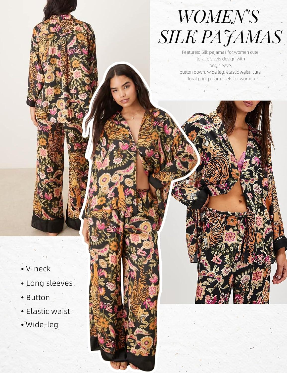 image:imageArssm Satin Pajama Set for Women Silk Pajamas Set 2 Piece Floral Pj Set Long Sleeve Button Down Pjs SleepwearBlackfloral