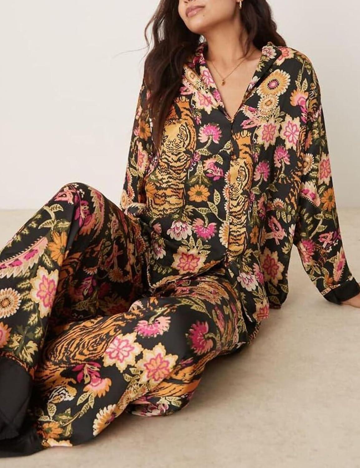 image:imageArssm Satin Pajama Set for Women Silk Pajamas Set 2 Piece Floral Pj Set Long Sleeve Button Down Pjs SleepwearBlackfloral