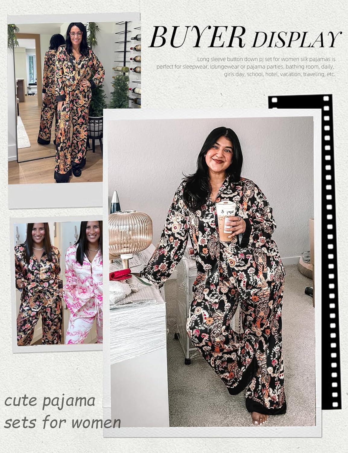 image:imageArssm Satin Pajama Set for Women Silk Pajamas Set 2 Piece Floral Pj Set Long Sleeve Button Down Pjs SleepwearBlackfloral