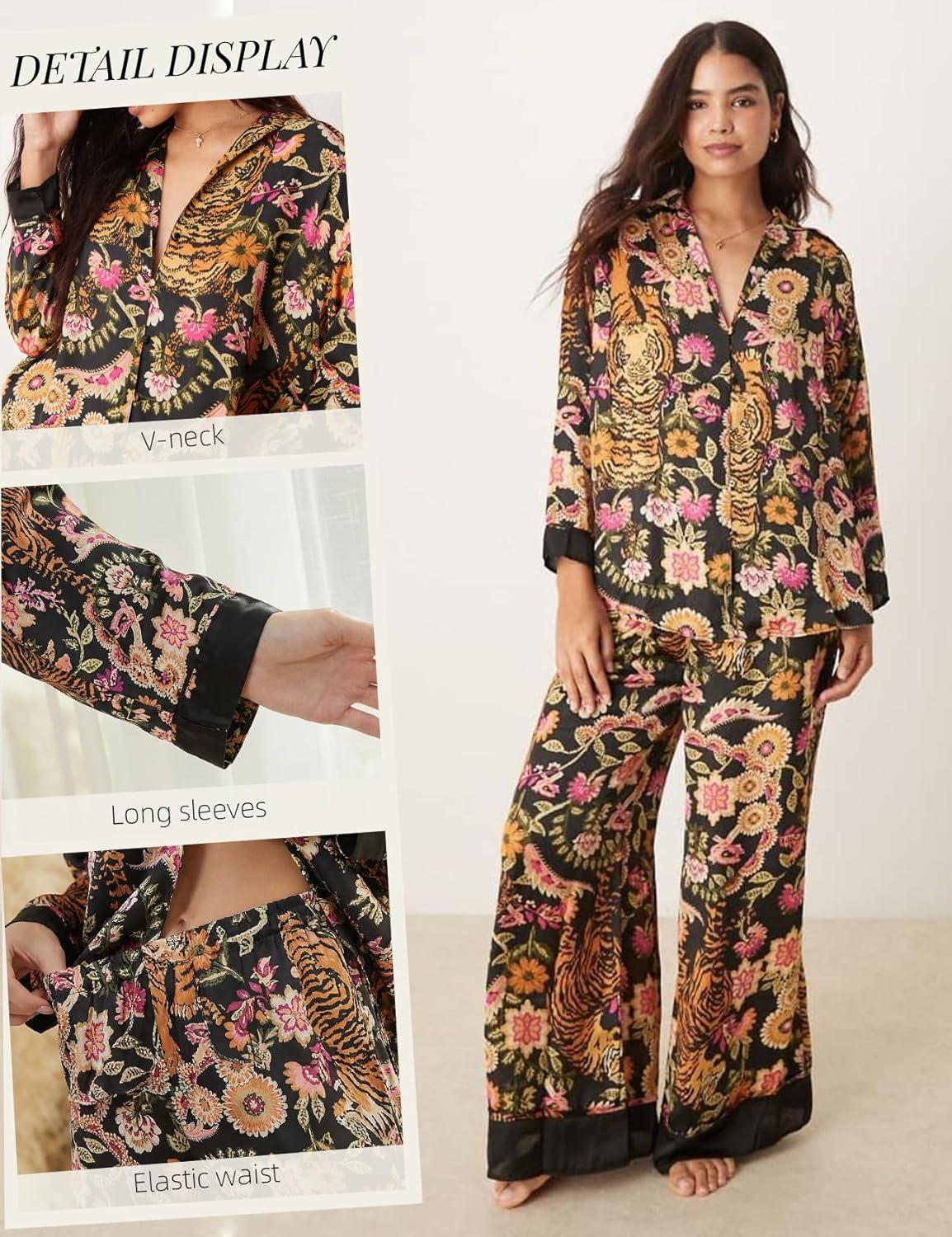 image:imageArssm Satin Pajama Set for Women Silk Pajamas Set 2 Piece Floral Pj Set Long Sleeve Button Down Pjs SleepwearBlackfloral