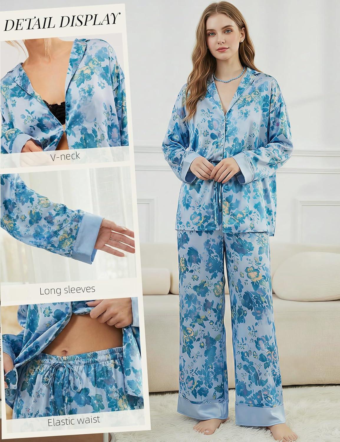 image:imageArssm Satin Pajama Set for Women Silk Pajamas Set 2 Piece Floral Pj Set Long Sleeve Button Down Pjs SleepwearBlue