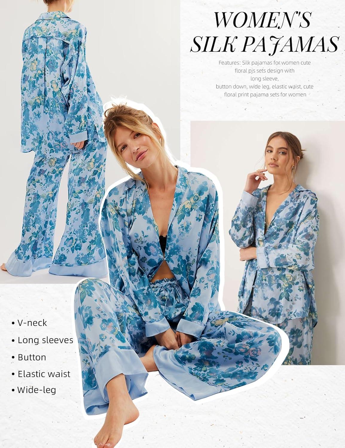 image:imageArssm Satin Pajama Set for Women Silk Pajamas Set 2 Piece Floral Pj Set Long Sleeve Button Down Pjs SleepwearBlue