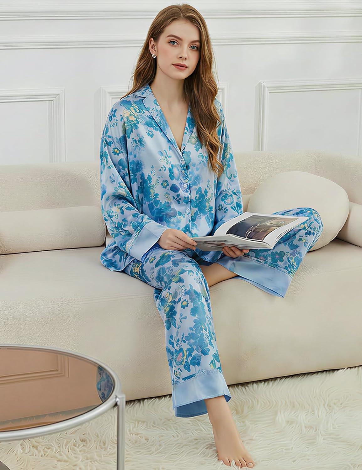 image:imageArssm Satin Pajama Set for Women Silk Pajamas Set 2 Piece Floral Pj Set Long Sleeve Button Down Pjs SleepwearBlue