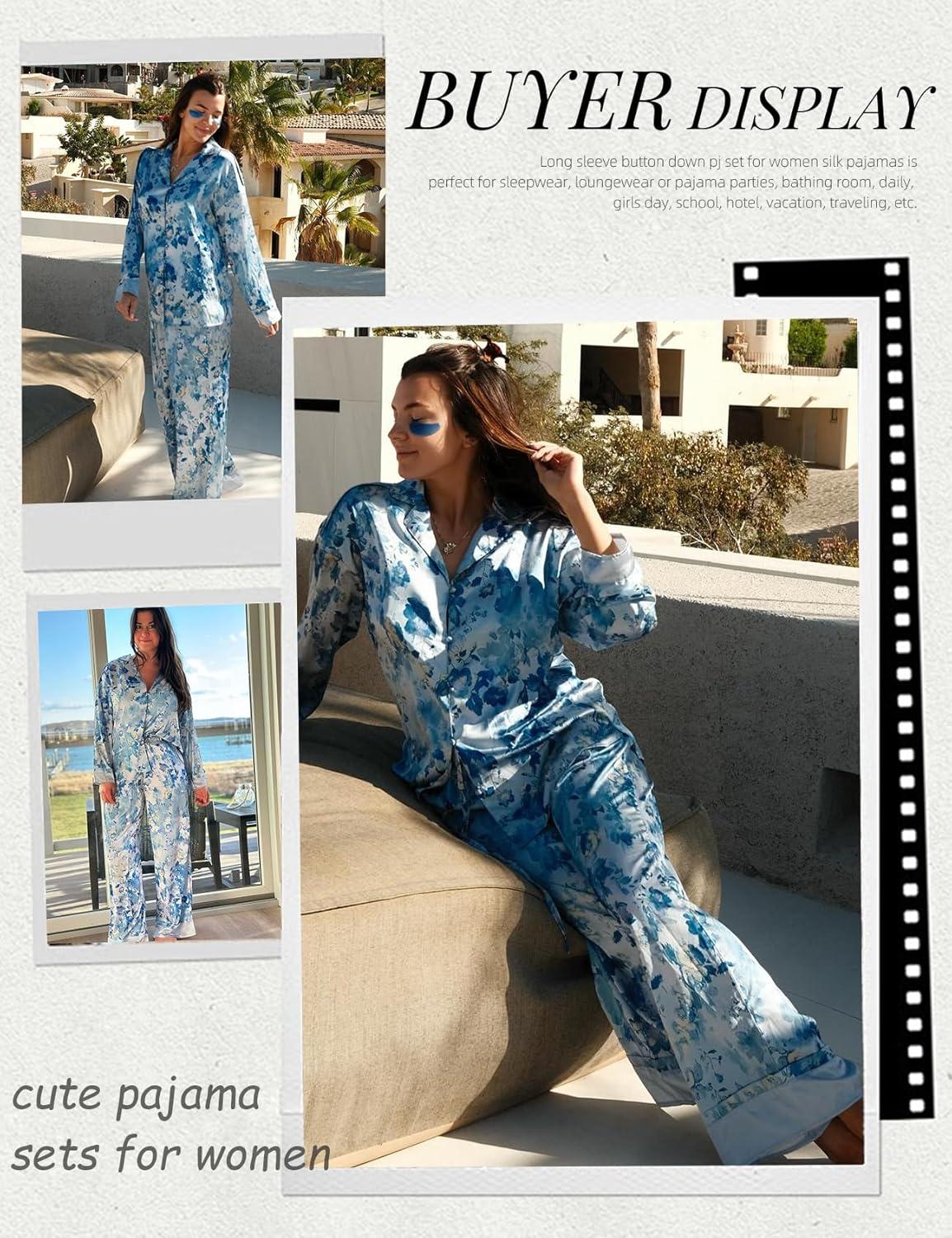 image:imageArssm Satin Pajama Set for Women Silk Pajamas Set 2 Piece Floral Pj Set Long Sleeve Button Down Pjs SleepwearBlue