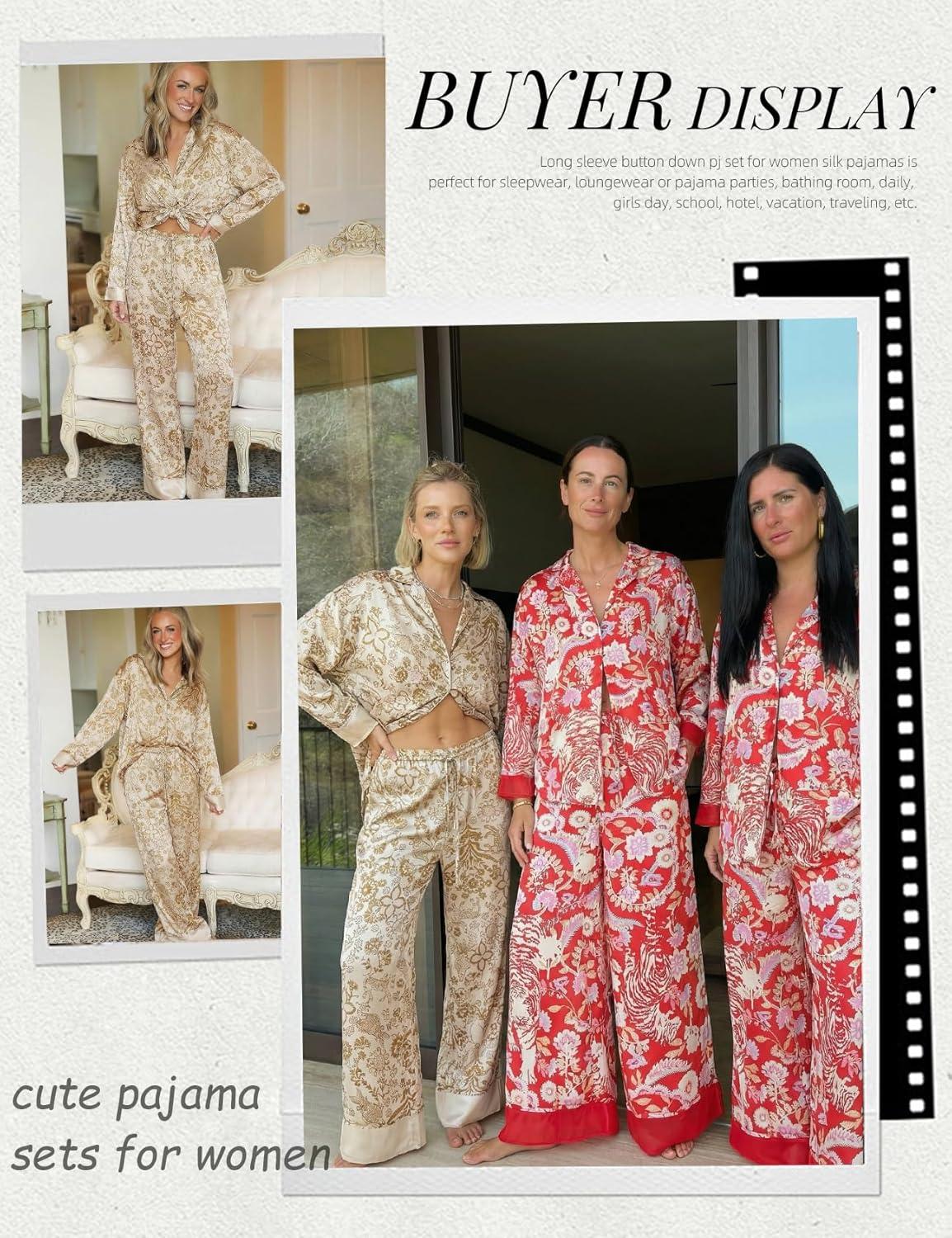image:imageArssm Satin Pajama Set for Women Silk Pajamas Set 2 Piece Floral Pj Set Long Sleeve Button Down Pjs SleepwearKhaki