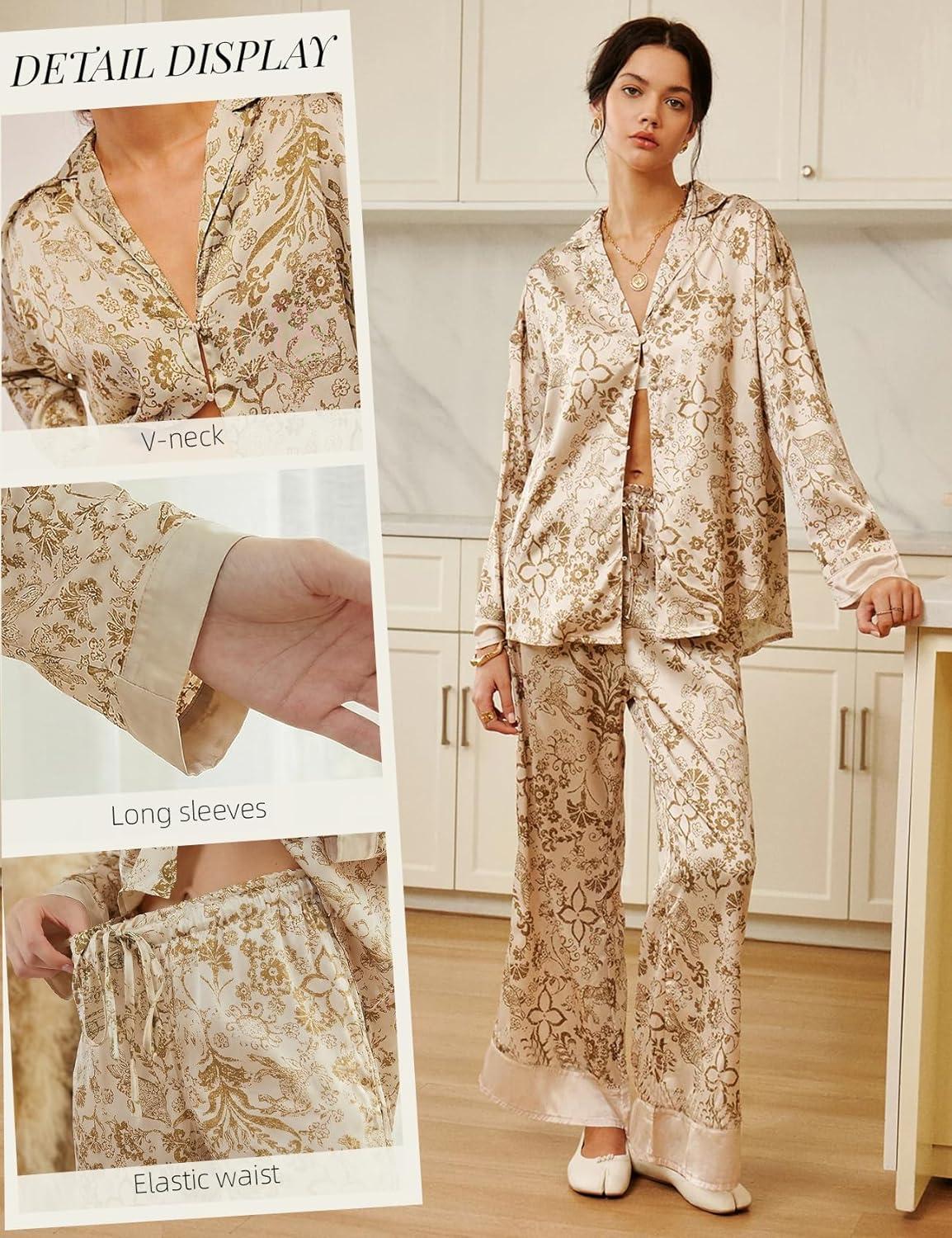 image:imageArssm Satin Pajama Set for Women Silk Pajamas Set 2 Piece Floral Pj Set Long Sleeve Button Down Pjs SleepwearKhaki