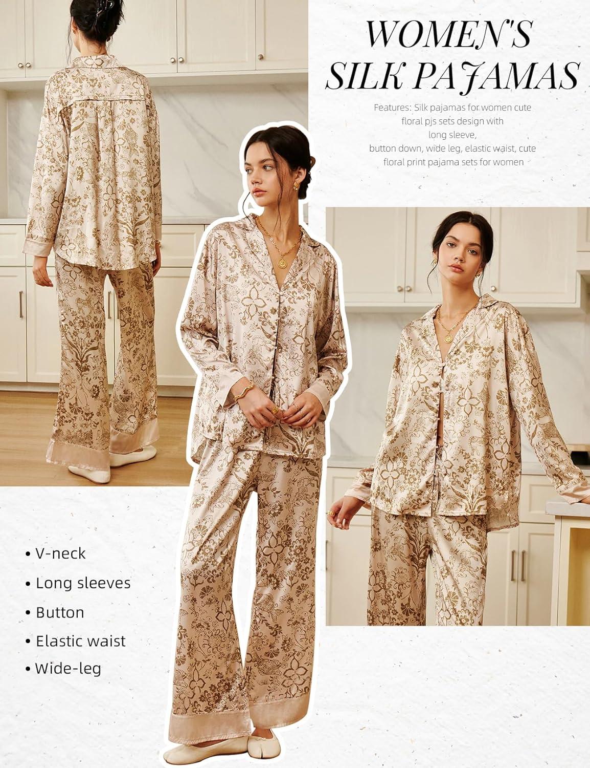 image:imageArssm Satin Pajama Set for Women Silk Pajamas Set 2 Piece Floral Pj Set Long Sleeve Button Down Pjs SleepwearKhaki