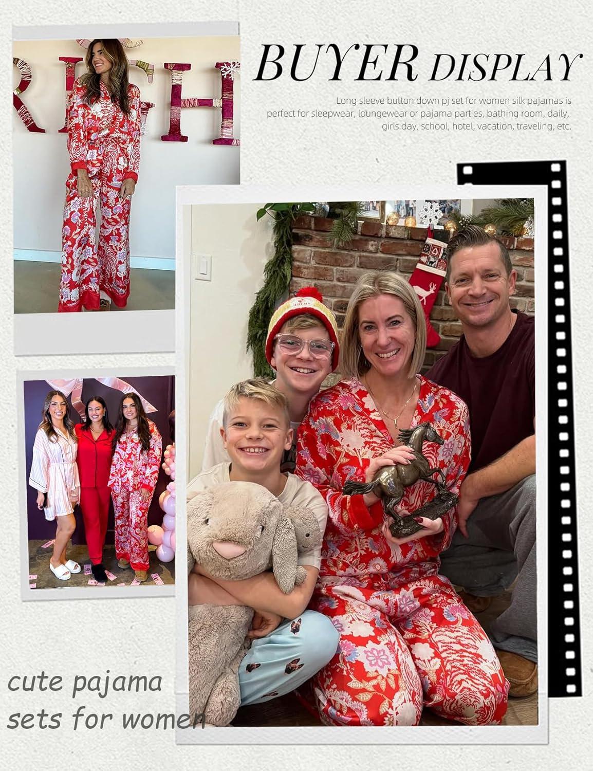 image:imageArssm Satin Pajama Set for Women Silk Pajamas Set 2 Piece Floral Pj Set Long Sleeve Button Down Pjs SleepwearRed
