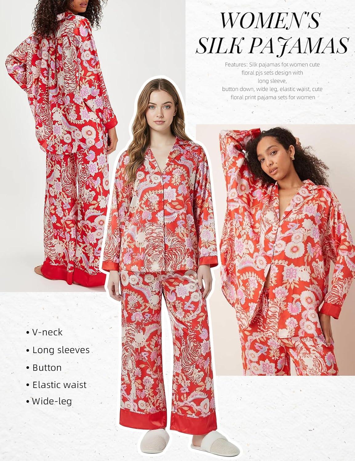 image:imageArssm Satin Pajama Set for Women Silk Pajamas Set 2 Piece Floral Pj Set Long Sleeve Button Down Pjs SleepwearRed