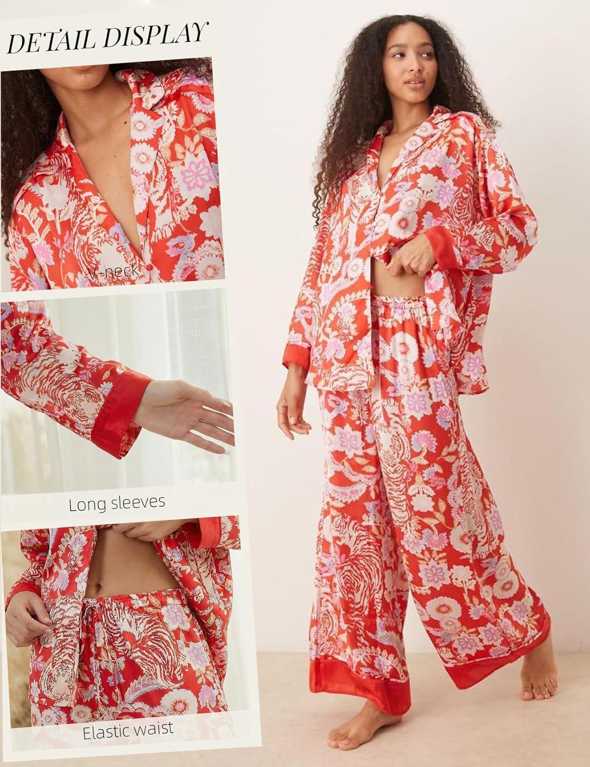 image:imageArssm Satin Pajama Set for Women Silk Pajamas Set 2 Piece Floral Pj Set Long Sleeve Button Down Pjs SleepwearRed