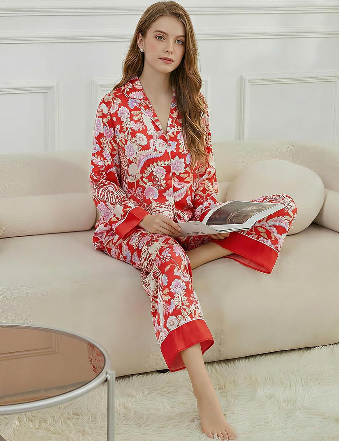 image:imageArssm Satin Pajama Set for Women Silk Pajamas Set 2 Piece Floral Pj Set Long Sleeve Button Down Pjs SleepwearRed