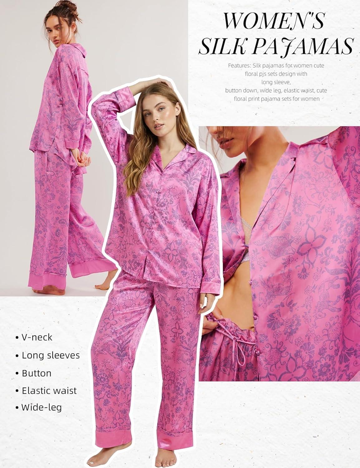 image:imageArssm Satin Pajama Set for Women Silk Pajamas Set 2 Piece Floral Pj Set Long Sleeve Button Down Pjs SleepwearRosered