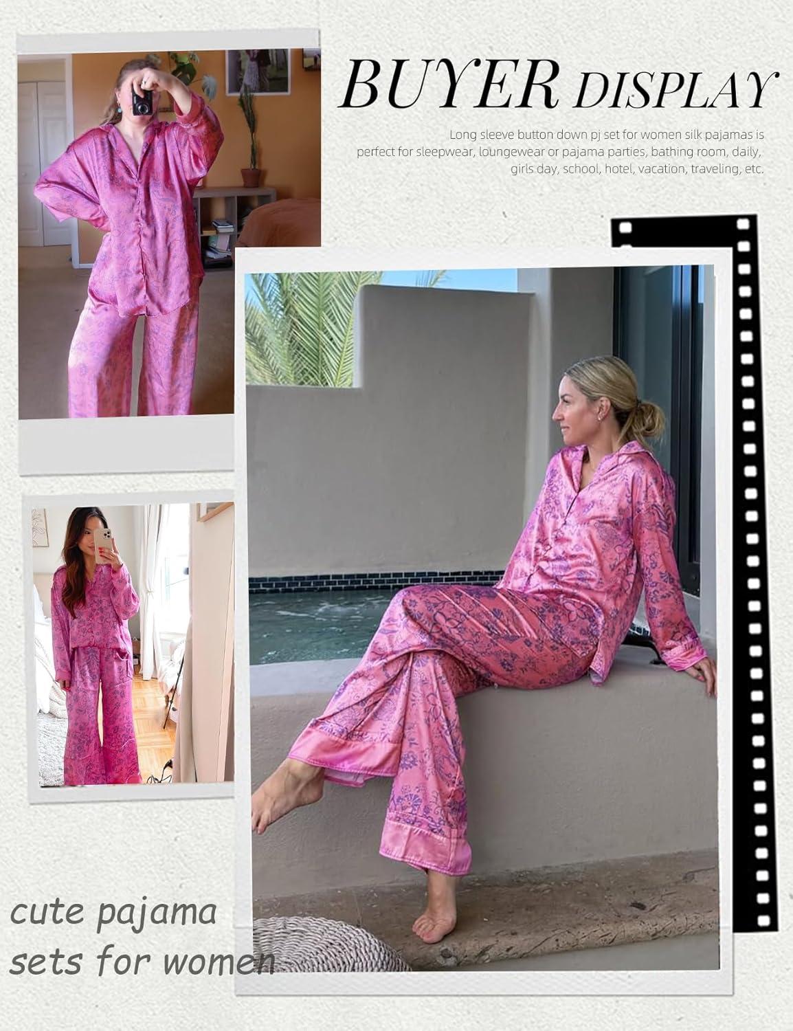 image:imageArssm Satin Pajama Set for Women Silk Pajamas Set 2 Piece Floral Pj Set Long Sleeve Button Down Pjs SleepwearRosered
