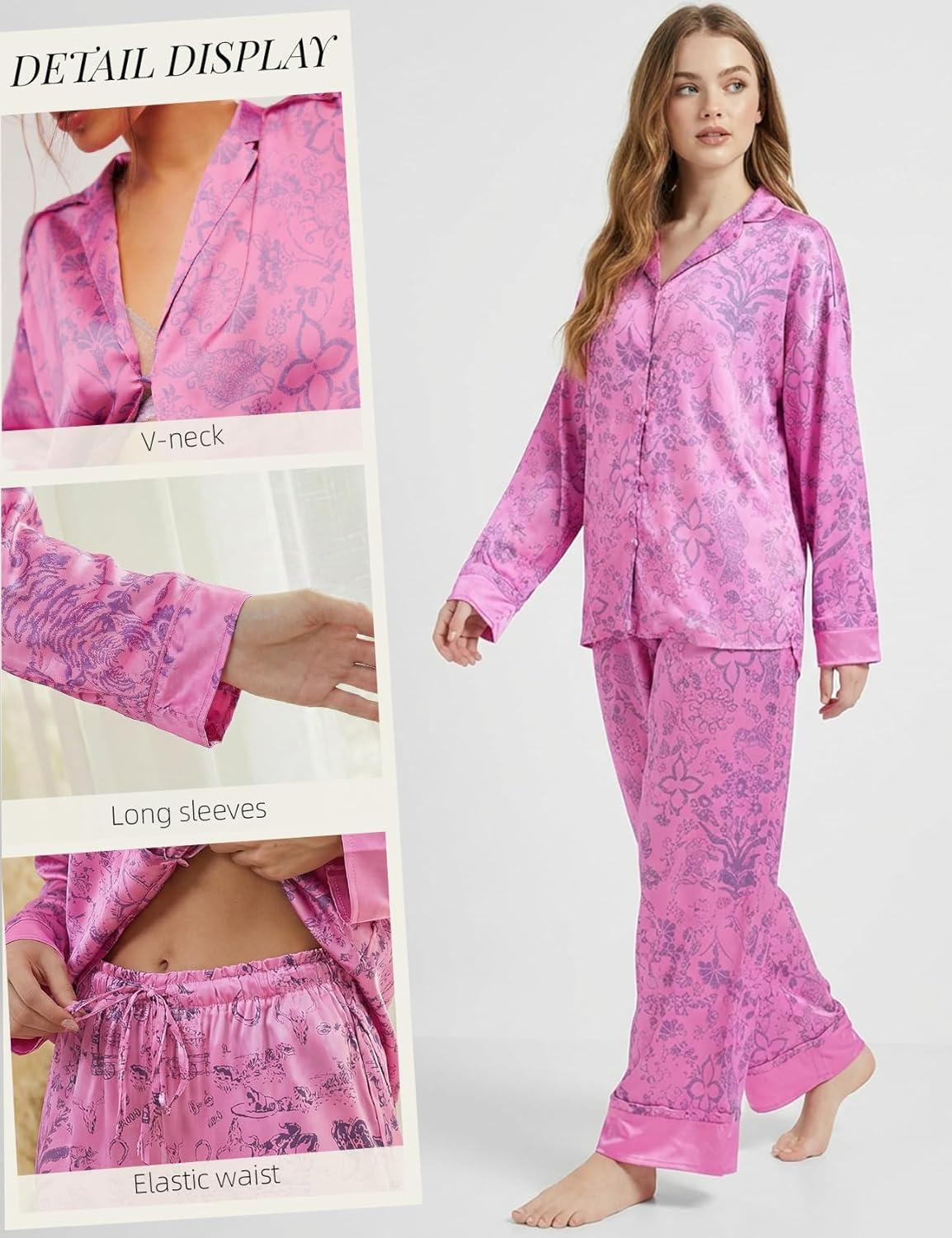 image:imageArssm Satin Pajama Set for Women Silk Pajamas Set 2 Piece Floral Pj Set Long Sleeve Button Down Pjs SleepwearRosered