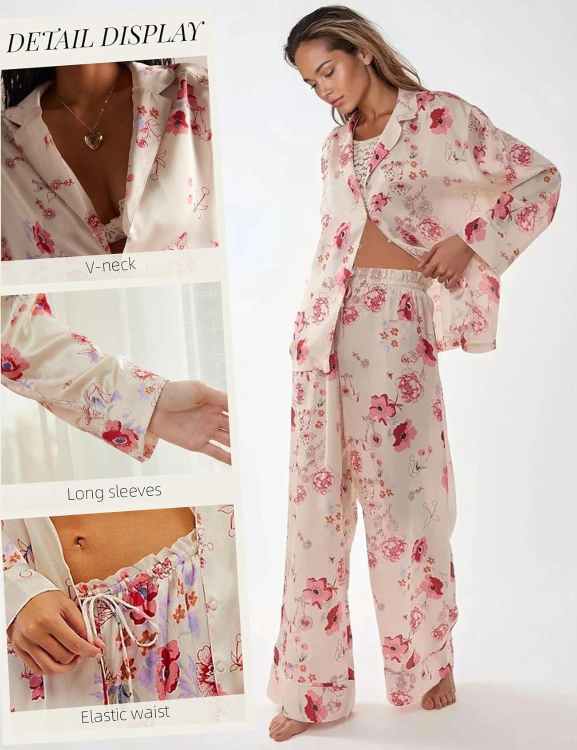 image:imageArssm Satin Pajama Set for Women Silk Pajamas Set 2 Piece Floral Pj Set Long Sleeve Button Down Pjs SleepwearWhite
