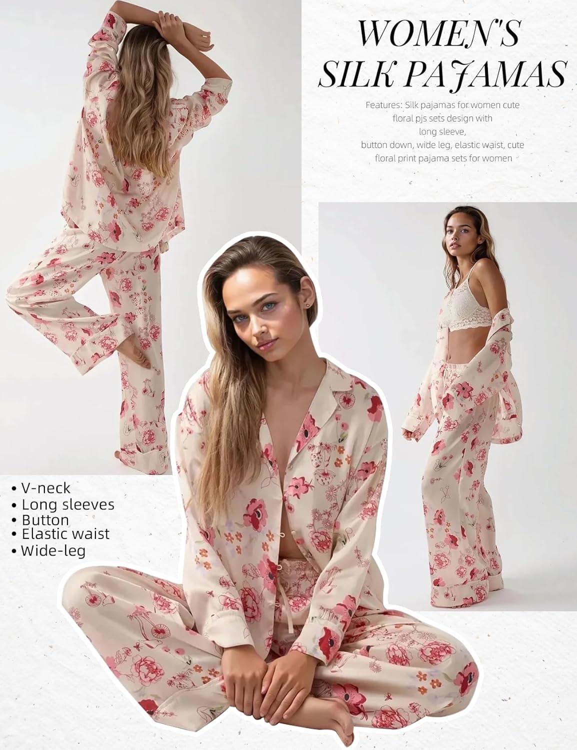 image:imageArssm Satin Pajama Set for Women Silk Pajamas Set 2 Piece Floral Pj Set Long Sleeve Button Down Pjs SleepwearWhite
