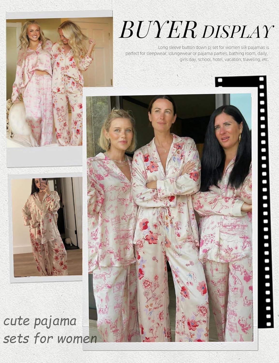 image:imageArssm Satin Pajama Set for Women Silk Pajamas Set 2 Piece Floral Pj Set Long Sleeve Button Down Pjs SleepwearWhite