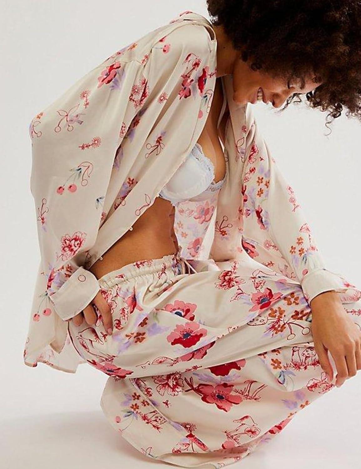 image:imageArssm Satin Pajama Set for Women Silk Pajamas Set 2 Piece Floral Pj Set Long Sleeve Button Down Pjs SleepwearWhite