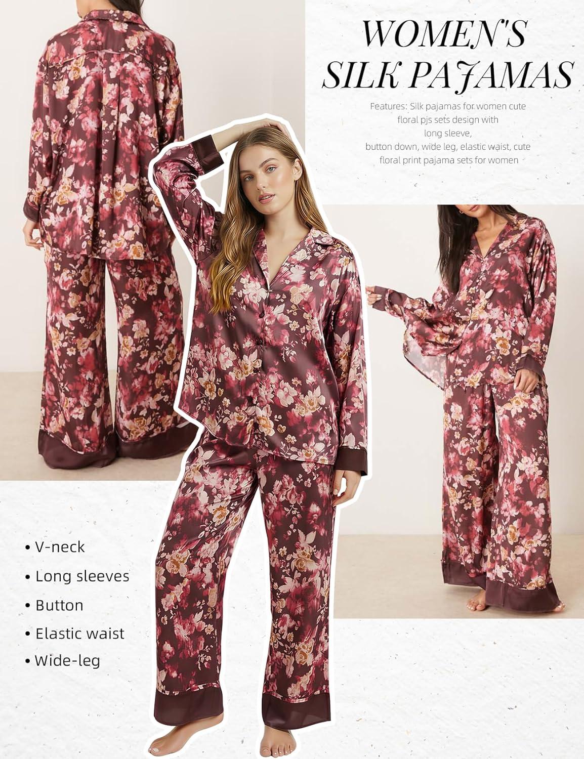 image:imageArssm Satin Pajama Set for Women Silk Pajamas Set 2 Piece Floral Pj Set Long Sleeve Button Down Pjs SleepwearWinered