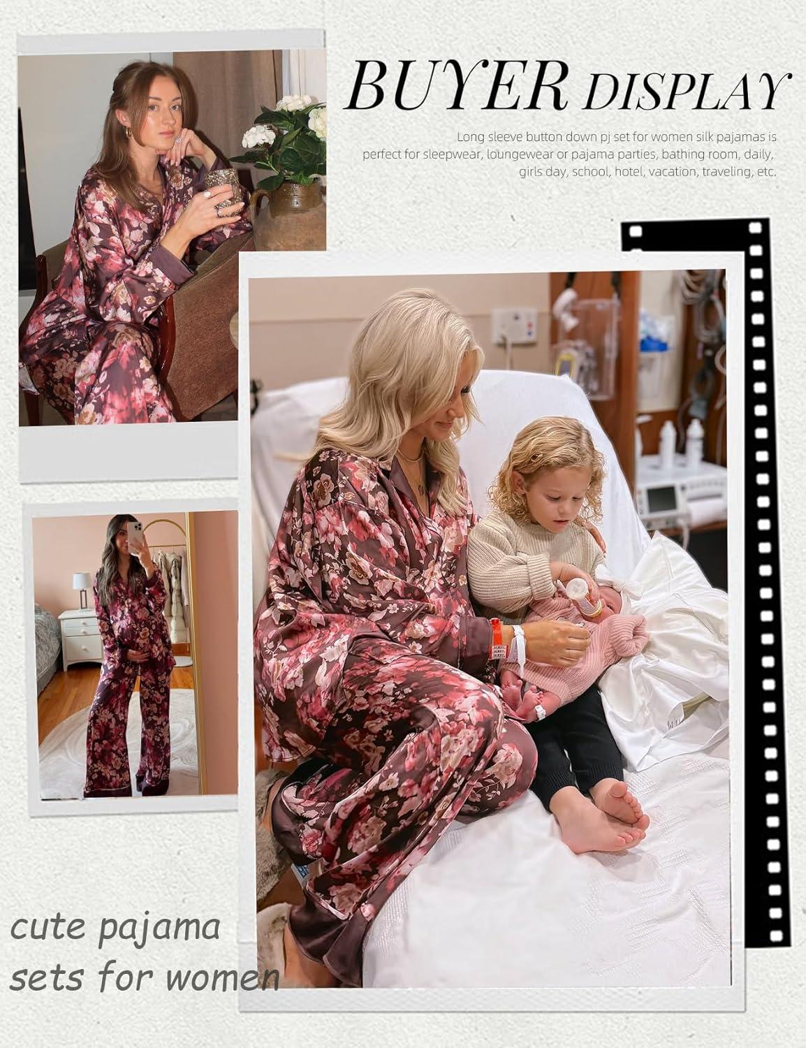 image:imageArssm Satin Pajama Set for Women Silk Pajamas Set 2 Piece Floral Pj Set Long Sleeve Button Down Pjs SleepwearWinered