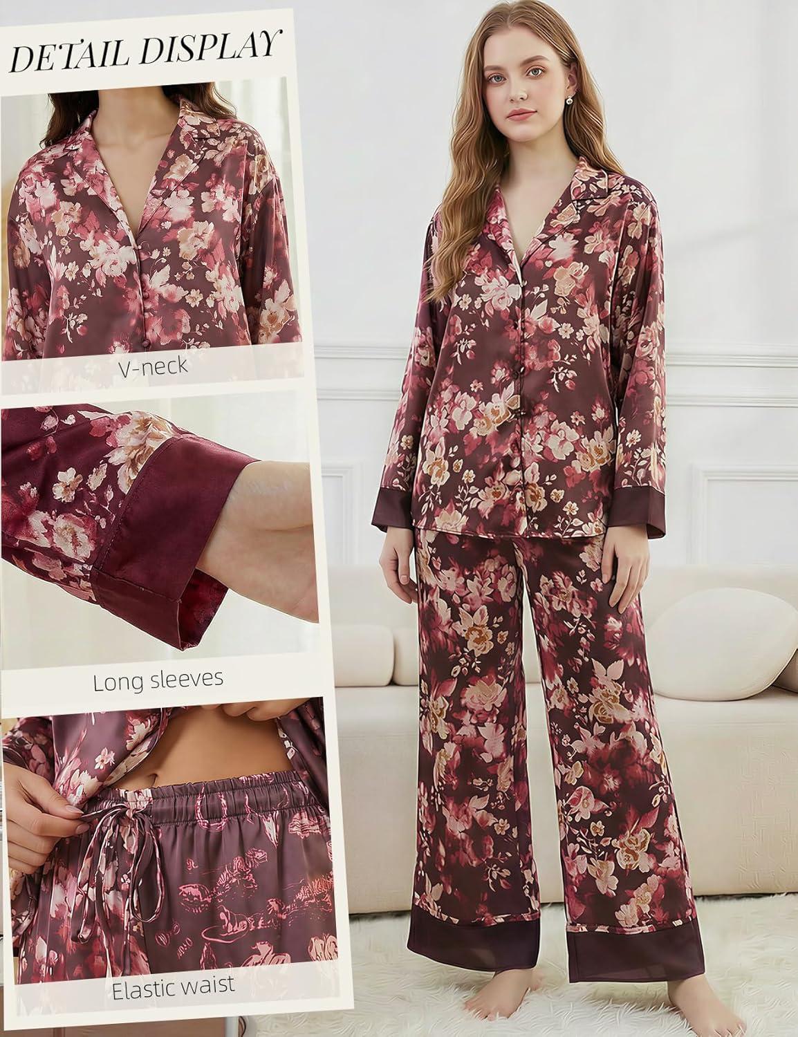 image:imageArssm Satin Pajama Set for Women Silk Pajamas Set 2 Piece Floral Pj Set Long Sleeve Button Down Pjs SleepwearWinered