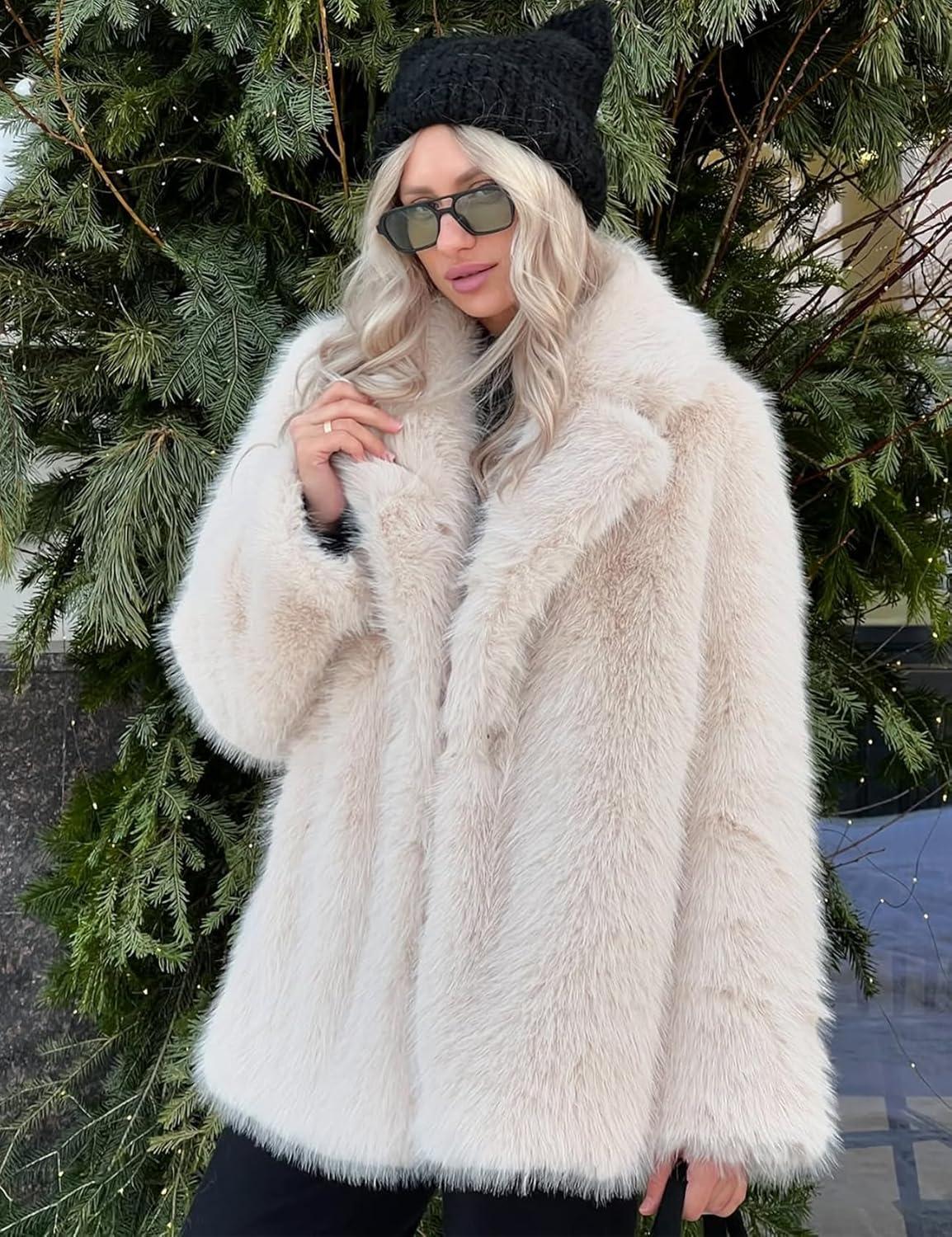 image:imageArssm Womens Faux Fur Coat Long Sleeve Fluffy Jacket Open Front Furry Winter Warm Lapel Shaggy Coat OutwearBeige
