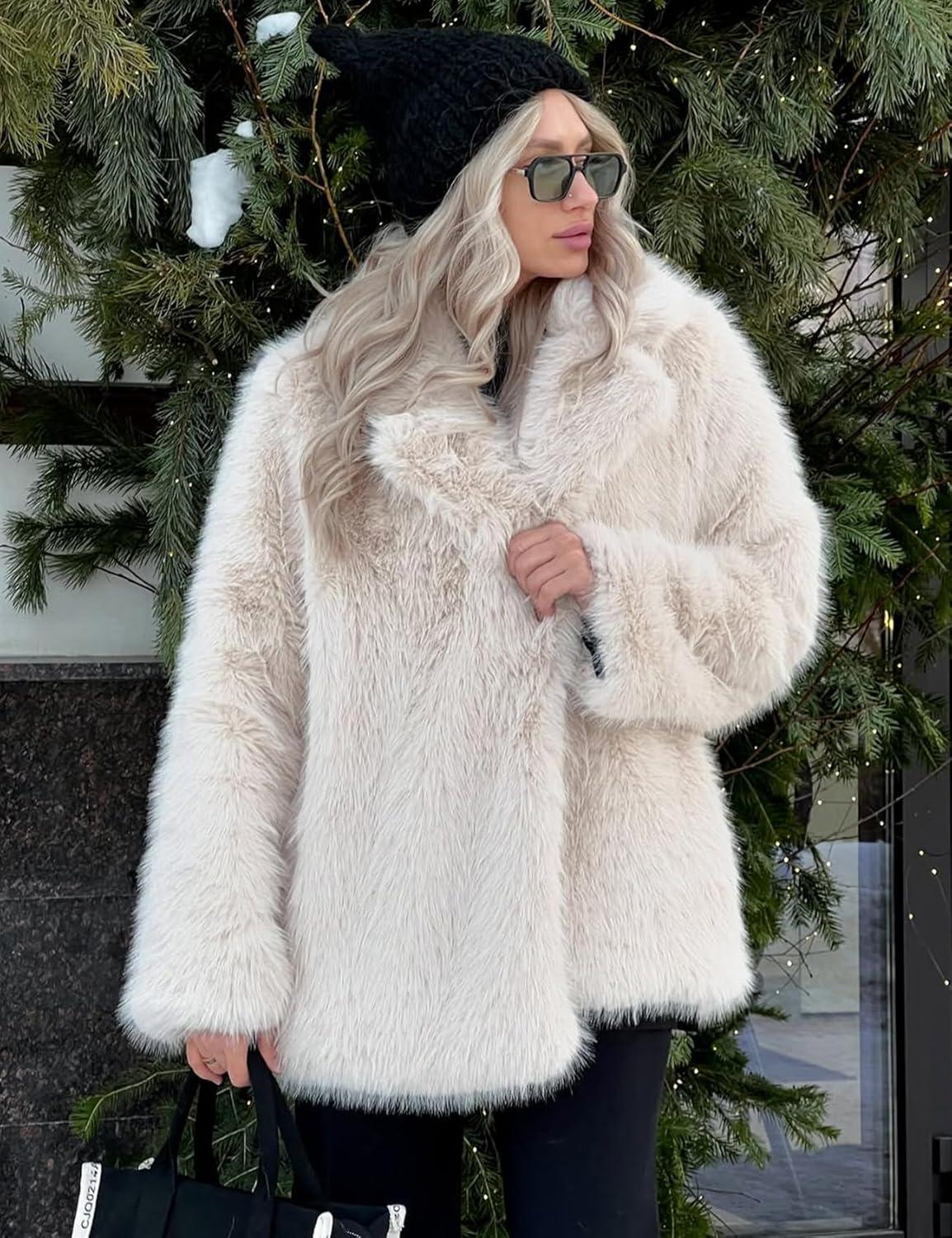 image:imageArssm Womens Faux Fur Coat Long Sleeve Fluffy Jacket Open Front Furry Winter Warm Lapel Shaggy Coat OutwearBeige