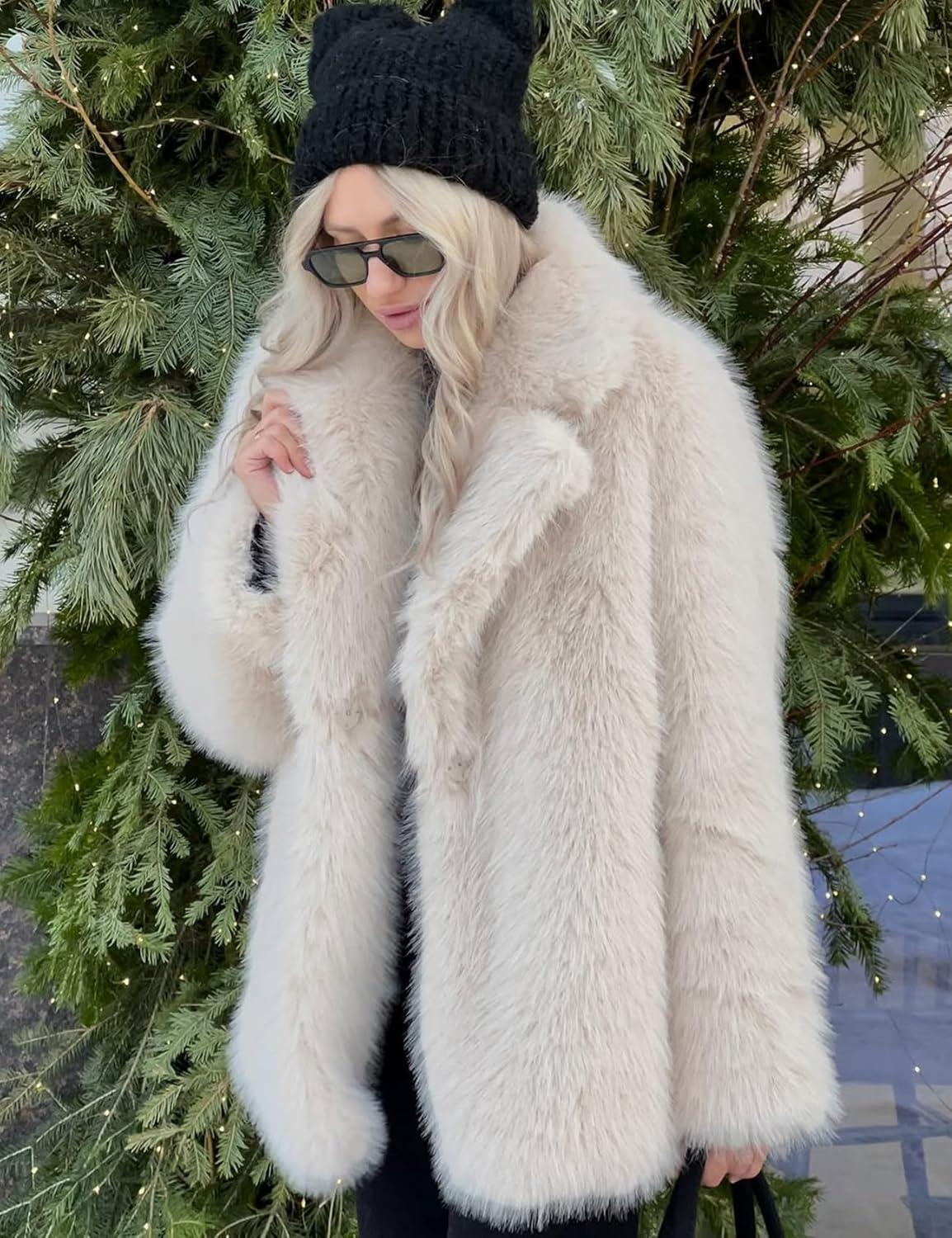 image:imageArssm Womens Faux Fur Coat Long Sleeve Fluffy Jacket Open Front Furry Winter Warm Lapel Shaggy Coat OutwearBeige