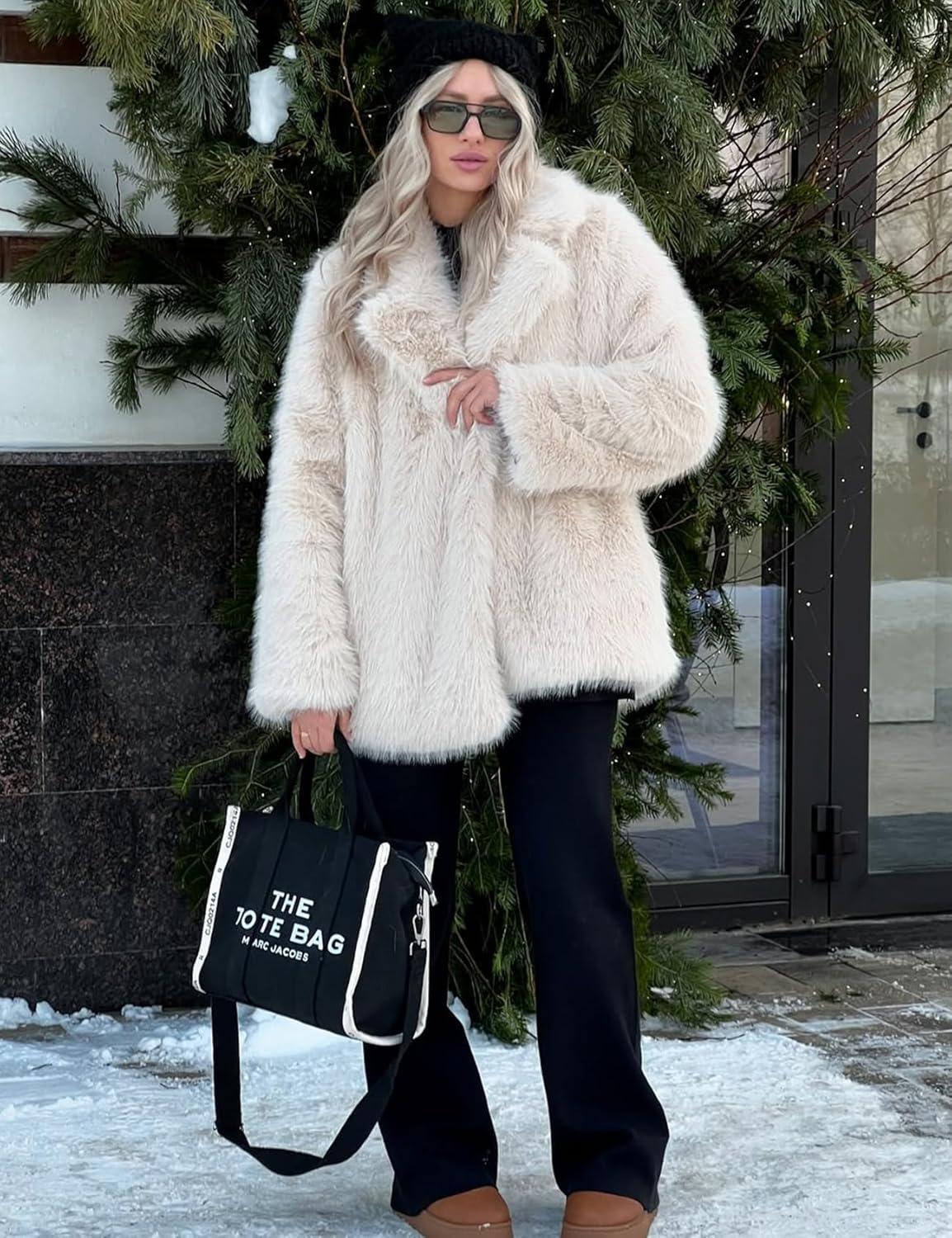 image:imageArssm Womens Faux Fur Coat Long Sleeve Fluffy Jacket Open Front Furry Winter Warm Lapel Shaggy Coat OutwearBeige